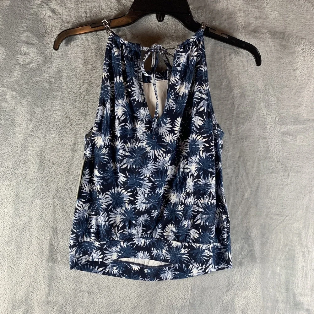 Michael Kors Womens Tankini Swim Top XS Navy Printed Blouson High Neck Chain NWT